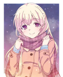 Rule 34 | 1girl, bang dream!, blonde hair, breath, brown coat, brown scarf, coat, e20, half updo, hands up, long hair, long sleeves, looking at viewer, outside border, plaid, plaid scarf, purple eyes, scarf, shirasagi chisato, smile, snowing, solo, upper body, winter clothes