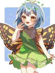 Rule 34 | 1girl, antennae, aqua hair, blush, butterfly wings, dress, eternity larva, fairy, green dress, hair between eyes, insect wings, leaf, leaf on head, multicolored clothes, multicolored dress, one-hour drawing challenge, open mouth, short hair, short sleeves, siomi 403, smile, solo, touhou, wings, yellow eyes
