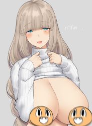 Rule 34 | 1girl, blush, bombergirl, breasts, brown hair, censored, green eyes, large breasts, long hair, looking at viewer, mukuba, open mouth, ribbed sweater, sepia belmont, simple background, smile, solo, sweater, upper body