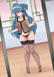 Rule 34 | 1girl, absurdres, babydoll, black panties, black thighhighs, blue hair, bow, closed mouth, commentary, commission, double bun, english commentary, full body, hair bow, hair bun, highres, indoors, lingerie, long hair, lucyfer, nipples, panties, purple eyes, ranma 1/2, see-through, selfie, shampoo (ranma 1/2), smile, solo, thighhighs, underwear, yellow bow