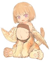 Rule 34 | 1girl, animal hands, blue eyes, brown hair, centauroid, child, feathered wings, feral lemma, flat chest, full body, griffin, highres, midriff, monster girl, navel, open mouth, original, pink eyes, short hair, simple background, solo, tail, taur, white background, wings