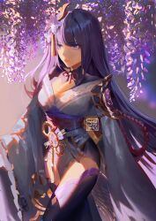 Rule 34 | 1girl, absurdres, armor, artist name, black shorts, black thighhighs, blunt bangs, blurry, blurry background, breasts, cleavage, cowboy shot, crossed legs, flower, from side, genshin impact, hair flower, hair ornament, highres, japanese clothes, kimono, lips, long hair, looking ahead, medium breasts, meowmeowgirl, mitsudomoe (shape), neck ribbon, obi, obiage, obijime, pelvic curtain, purple eyes, purple hair, purple kimono, raiden shogun, red ribbon, ribbon, sash, shorts, shoulder armor, shrug (clothing), solo, standing, thighhighs, tomoe (symbol)
