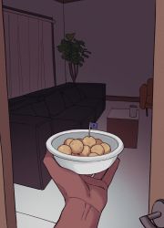 Rule 34 | 1boy, absurdres, bowl, chair, chatea, commentary request, couch, creatures (company), curtains, dark, dark-skinned male, dark skin, door, door handle, flag, food, game freak, highres, holding, holding bowl, indoors, korean commentary, male focus, nintendo, plant, pokemon, pokemon swsh, potted plant, raihan (pokemon), solo, table