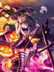 Rule 34 | 1girl, absurdres, bare shoulders, bat (animal), blush, breasts, broom, broom riding, cleavage, collarbone, cross, floating hair, ghost, green hair, halloween, halloween costume, hat, hatsune miku, highres, jack-o&#039;-lantern, long hair, looking at viewer, medium breasts, night, night sky, parted lips, purple eyes, sky, smile, solo, star (sky), starry sky, striped clothes, striped thighhighs, thighhighs, twintails, vocaloid, witch hat, wrist cuffs, yurika0207