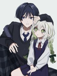 Rule 34 | 1boy, 1girl, alternate costume, alternate hairstyle, blue eyes, blue hair, clover-shaped pupils, commentary request, contemporary, eyeshadow, genshin impact, green eyes, green hair, grey hair, hand on another&#039;s head, highres, long hair, looking up, loose necktie, makeup, multicolored hair, nahida (genshin impact), necktie, no6 gnsn, pointy ears, red eyeshadow, scaramouche (genshin impact), school uniform, short hair, simple background, sitting, symbol-shaped pupils, twintails
