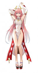 Rule 34 | 1girl, absurdres, armpits, arms up, bare legs, bare shoulders, breasts, commentary, covered navel, detached sleeves, full body, genshin impact, grin, groin, hair between eyes, highres, jsscj, large breasts, long hair, long sleeves, looking at viewer, nail polish, no panties, nontraditional miko, pelvic curtain, pink hair, purple eyes, purple nails, sandals, shirt, sideboob, sleeveless, sleeveless shirt, smile, solo, standing, straight-on, thighs, toenail polish, toenails, very long hair, white shirt, yae miko