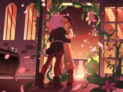 Rule 34 | 2girls, amity blight, balcony, brown hair, couple, dark-skinned female, dark skin, door, evening, closed eyes, flower, hand on another&#039;s cheek, hand on another&#039;s face, highres, holding hands, jacket, kiss, letterman jacket, luz noceda, multiple girls, open door, petals, pink flower, plant, purple hair, spoilers, standing, su ggushi, the owl house, vines, yuri