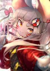 Rule 34 | 1girl, animal ears, arm up, black kimono, blurry, blurry background, blurry foreground, blush, bow, bridal gauntlets, chain, depth of field, ear piercing, facial mark, female focus, grin, hand up, happy, heart, highres, japanese clothes, kashu (hizake), kimono, light blush, long hair, long sleeves, looking at viewer, monocle, mouse (animal), mouse ears, mouse tail, orange eyes, original, outstretched arm, parted lips, piercing, platinum blonde hair, red bow, selfie, shirt, smile, solo, sparkle, tail, tail bow, tail ornament, teeth, upper body, white shirt