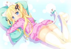Rule 34 | 1girl, :&lt;, animal ears, ass, blonde hair, blue eyes, blush, borrowed character, cat ears, cat tail, fake animal ears, feet, hair ribbon, hood, hoodie, hugging object, kazuma (kazumav), long hair, looking at viewer, lying, naked hoodie, no shoes, on stomach, original, paw print, pillow, pillow hug, print hoodie, ribbon, shimotsuki potofu, simple background, skindentation, solo, tail, tail ornament, tail ribbon, thighhighs, thighs, two side up, white thighhighs
