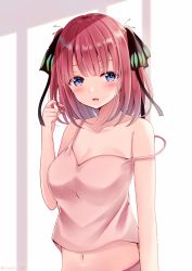 Rule 34 | 1girl, bare arms, bare shoulders, black ribbon, blush, breasts, camisole, cleavage, collarbone, commentary request, fingernails, go-toubun no hanayome, hair ribbon, ruffling hair, hand up, looking at viewer, nakano nino, navel, parted lips, pink camisole, red hair, ribbon, sakura hiyori, small breasts, solo, strap slip, two side up