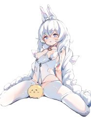 Rule 34 | 1girl, :p, animal ear fluff, animal ears, arms behind back, azur lane, bird, blue eyes, braid, breasts, chick, covered navel, crotchless, crotchless pantyhose, fake animal ears, groin, highleg, highleg leotard, highres, le malin (azur lane), le malin (listless lapin) (azur lane), leaning back, leotard, long hair, manjuu (azur lane), official alternate costume, pantyhose, playboy bunny, rabbit ears, silver hair, sitting, small breasts, spread legs, tentefu (rpud7485), thigh strap, thighs, tongue, tongue out, twin braids, twintails, very long hair, white leotard, white pantyhose