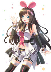 Rule 34 | 1girl, :d, absurdres, bare shoulders, black necktie, black thighhighs, blush, breasts, brown hair, commentary, detached sleeves, green eyes, hair ribbon, hand up, highres, holmemee, kizuna ai, kizuna ai (elegant), kizuna ai inc., long hair, long sleeves, looking at viewer, medium breasts, multicolored polka dots, navel, necktie, open mouth, pink ribbon, polka dot, polka dot background, ribbon, shirt, short necktie, short shorts, shorts, sidelocks, sleeveless, sleeveless shirt, smile, solo, thighhighs, very long hair, virtual youtuber, white background, white shirt, white shorts