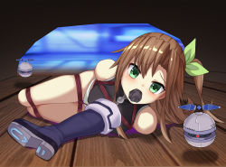 Rule 34 | 1girl, bdsm, bondage, boots, bound, bow, brown hair, choujigen taisen neptune vs sega hard girls, cloth gag, commission, crotch rope, gag, gagged, green eyes, haimei1980, hair between eyes, hair bow, hair ornament, highres, if (neptunia), improvised gag, jacket, long hair, looking at viewer, mouth stuffed, neptune (series), restrained, second-party source, shoes, unworn shoes, solo