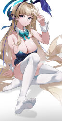 Rule 34 | 1girl, absurdres, alternate breast size, animal ears, blonde hair, blue archive, blue eyes, blue leotard, bow, bowtie, breasts, closed mouth, detached collar, earpiece, fake animal ears, full body, halo, highres, katachi noboru nishikino, large breasts, leotard, long hair, no shoes, official alternate costume, official alternate hairstyle, playboy bunny, rabbit ears, sitting, skindentation, solo, thighhighs, thighs, toki (blue archive), toki (bunny) (blue archive), v, very long hair, white thighhighs, wrist cuffs