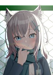 Rule 34 | 1girl, :d, absurdres, adjusting scarf, animal ear fluff, animal ears, backlighting, blazer, blue archive, blue eyes, blue scarf, chain-link fence, collared shirt, commentary request, cross hair ornament, ear piercing, fence, grey hair, hair between eyes, hair ornament, head tilt, highres, id card, jacket, long sleeves, looking at viewer, medium hair, mismatched pupils, open mouth, piercing, rindou ringdong, scarf, school uniform, shiroko (blue archive), shirt, sidelocks, smile, solo, sunlight, wolf ears, wolf girl