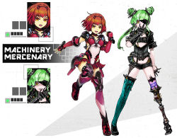 Rule 34 | 2girls, :d, asymmetrical legwear, comaza, commentary request, cyborg, eyepatch, fingerless gloves, full body, gloves, green hair, hand on own face, joints, looking at viewer, multiple girls, open mouth, orange eyes, original, prosthesis, prosthetic leg, red eyes, red hair, robot joints, science fiction, short hair, short shorts, shorts, smile, thighhighs, uneven legwear