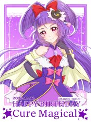 Rule 34 | 1girl, black gloves, black hat, bow, capelet, character name, cure magical, dated, dress, earrings, elbow gloves, gloves, hat, izayoi liko, jewelry, long hair, looking at viewer, magical girl, mahou girls precure!, mini hat, mini witch hat, precure, purple background, purple dress, purple eyes, purple hair, red bow, solo, tanshi tanshi, twitter username, upper body, white background, witch hat