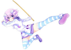 Rule 34 | 10s, 1girl, absurdres, d-pad, d-pad hair ornament, flat chest, hair ornament, highres, hood, hoodie, jacket, kicking, neptune (neptunia), neptune (series), parka, purple eyes, purple hair, short hair, simple background, sketch, solo, striped clothes, striped thighhighs, sword, thighhighs, weapon, white background, wooden sword, zero-theme