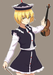 Rule 34 | 1girl, black hat, blonde hair, bow (music), brown background, cowboy shot, crescent, crescent hat ornament, frilled hat, frills, hat, hat ornament, highres, holding, holding instrument, holding violin, instrument, kakone, long sleeves, lunasa prismriver, music, one-hour drawing challenge, open mouth, playing instrument, shirt, short hair, simple background, solo, standing, touhou, violin, white shirt, yellow eyes