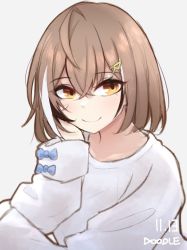 Rule 34 | 1girl, ahoge, brown eyes, brown hair, hair ornament, hairclip, hand on own face, highres, hololive, hololive english, looking at viewer, m r b, multicolored hair, nanashi mumei, ribbon, short hair, sketch, sleeves past wrists, smile, streaked hair, sweater, virtual youtuber