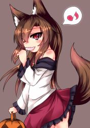 Rule 34 | 1girl, animal ears, ass, bare shoulders, blouse, brown hair, candy, clothes lift, commentary request, eating, food, highres, imaizumi kagerou, karasuma amiru, lollipop, long hair, long sleeves, miniskirt, musical note, off shoulder, one eye closed, quaver, red eyes, red skirt, shirt, skirt, skirt lift, solo, speech bubble, spoken musical note, tail, touhou, white shirt, wolf ears, wolf tail