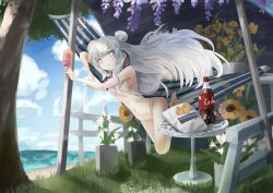 Rule 34 | + +, 1girl, azur lane, bare shoulders, barefoot, beach, bikini, blue eyes, blush, bottle, breasts, chips (food), cloud, cocktail, cocktail glass, cola, criss-cross halter, cup, day, double bun, drinking glass, flower, food, grass, hachiware (kagisippo2), hair between eyes, hair bun, hair ornament, halterneck, hammock, headphones, highres, le malin (azur lane), le malin (mercredi at the secret base) (azur lane), long hair, looking at viewer, lying, navel, ocean, on side, outdoors, sidelocks, silver hair, sky, small breasts, solo, swimsuit, symbol-shaped pupils, tree, very long hair, water, white bikini