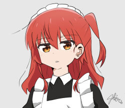 Rule 34 | 1girl, apron, black dress, bocchi the rock!, chiochiiii, commentary, dress, grey background, hair between eyes, kita ikuyo, long hair, maid, maid apron, maid headdress, one side up, orange eyes, parted lips, red hair, signature, simple background, solo, upper body