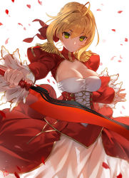 Rule 34 | 10s, 1girl, aestus estus, ahoge, aiguillette, blonde hair, braid, breasts, buttons, center opening, cleavage, closed mouth, cowboy shot, dress, epaulettes, fate/extra, fate/extra ccc, fate/grand order, fate (series), fingernails, french braid, frilled sleeves, frills, green eyes, hair between eyes, hair bun, hair intakes, hands up, highres, holding, holding sword, holding weapon, juliet sleeves, large breasts, legs apart, leotard, long dress, long sleeves, looking at viewer, medium breasts, nero claudius (fate), nero claudius (fate) (all), nero claudius (fate/extra), outstretched arms, panties, petals, puffy sleeves, red dress, ribbed dress, saber (fate/extra), see-through, short hair with long locks, sidelocks, simple background, single hair bun, skindentation, smile, solo, standing, sword, thigh gap, thighs, turtleneck, underwear, weapon, white background, white dress, white leotard, white panties, wide sleeves, yd (orange maru)