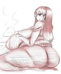 Rule 34 | 1girl, breasts, fat, food, gigantic breasts, highres, kneeling, legs, long hair, monochrome, sideboob, smile, solo, sweater, tensai427, tongue, tongue out