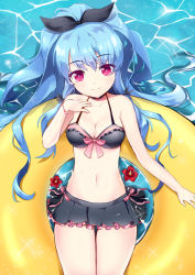 Rule 34 | 1girl, bare shoulders, bikini, bikini skirt, blue hair, bow, breasts, cleavage, collarbone, frilled bikini, frills, from above, hair bow, hand on own chest, linus falco, long hair, looking at viewer, lying, mechuragi, medium breasts, navel, on back, partially submerged, pink eyes, red eyes, smile, solo, swimsuit, sword girls, thigh gap, water