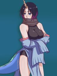 Rule 34 | 10s, 1girl, artist name, bare shoulders, black hair, black leotard, blue background, blue eyes, breast hold, breasts, covered mouth, cowboy shot, crossed arms, detached sleeves, dragon girl, dragon horns, dragon tail, elma (maidragon), gradient hair, horns, japanese clothes, kimono, kirby (series), kirby otaku, kobayashi-san chi no maidragon, large breasts, legs apart, leotard, leotard under clothes, long sleeves, multicolored hair, nintendo, off shoulder, pelvic curtain, sash, short hair, simple background, skin tight, sleeveless, solo, standing, tail, two-tone hair, wide sleeves