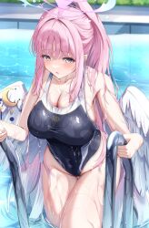 Rule 34 | 1girl, angel wings, blush, breasts, climbing, day, enoha, feathered wings, halo, highres, long hair, looking at viewer, low wings, mika (blue archive), one-piece swimsuit, pink hair, pink halo, ponytail, pool, pool ladder, school swimsuit, solo, swimsuit, white wings, wing ornament, wings, yellow eyes
