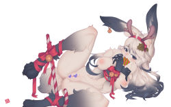 Rule 34 | 1girl, :3, ahoge, animal ears, animal hands, antlers, artist name, barefoot, bdsm, bell, black hair, blush, bondage, bound, bound wrists, bow, breasts, candy, candy cane, censored, christmas, clitoral hood, clitoris, closed mouth, condom, condom in mouth, condom wrapper, ear piercing, fake antlers, fang, female focus, food, furry, furry female, gradient hair, hairband, half-closed eyes, hands up, happy, heart, heart censor, highres, holly, horns, jingle bell, leg lift, leg up, lin mzhh, long hair, looking at viewer, lying, medium breasts, mole, mole under eye, mouth hold, multicolored hair, nipples, nose blush, nude, on side, original, piercing, pussy, pussy juice, rabbit ears, rabbit tail, red bow, red hairband, red ribbon, ribbon, ribbon bondage, signature, simple background, smile, solo, spread legs, spreader bar, tail, tongue, tongue out, transparent censoring, white background, white hair