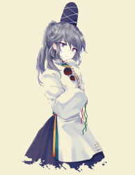 Rule 34 | 1girl, beige background, blouse, blue hat, blue skirt, commentary request, cowboy shot, cropped legs, grey eyes, hair between eyes, hand up, hat, head tilt, long hair, long sleeves, looking at viewer, mononobe no futo, pom pom (clothes), ponytail, ribbon-trimmed sleeves, ribbon trim, shirt, silver hair, simple background, skirt, sleeves past fingers, sleeves past wrists, solo, touhou, uranaishi (miraura), white shirt, wide sleeves