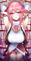 Rule 34 | 1girl, absurdres, animal ears, armpits, arms behind head, arms up, bare shoulders, blush, breasts, detached sleeves, fox ears, genshin impact, hair ornament, highres, japanese clothes, jewelry, kimono, large breasts, long hair, looking at viewer, mirei, necklace, pendant, pink hair, purple eyes, red skirt, sidelocks, skirt, sleeveless, sleeveless kimono, solo, thighs, very long hair, white kimono, wide sleeves, yae miko