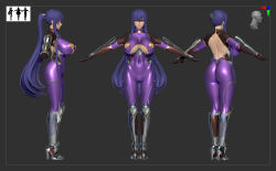 Rule 34 | 1girl, 3d, akiyama rinko, alternate hairstyle, artist request, ass, blue hair, bodysuit, boots, breasts, cameltoe, character sheet, cleavage cutout, clothing cutout, curvy, gloves, huge ass, huge breasts, long hair, model sheet, multiple views, navel, ponytail, shiny clothes, simple background, standing, taimanin (series), taimanin yukikaze, very long hair