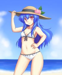 Rule 34 | 1girl, alternate costume, bikini, blue hair, blush, bow, breasts, covered erect nipples, curvy, day, food, fruit, hand on own hip, hat, hinanawi tenshi, isaki (gomi), long hair, looking at viewer, navel, peach, red eyes, small breasts, smile, solo, swimsuit, touhou, white bikini