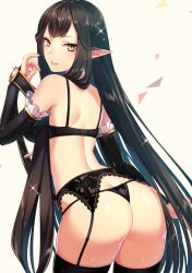 Rule 34 | 1girl, absurdres, arched back, arm at side, ass, back, black bra, black garter belt, black gloves, black hair, black panties, black thighhighs, bra, breasts, bridal gauntlets, contrapposto, cowboy shot, detached sleeves, elbow gloves, fate/apocrypha, fate (series), fingerless gloves, frill trim, frills, from behind, garter belt, garter straps, glint, gloves, grey background, hand to own mouth, hand up, highres, lace trim, large breasts, lingerie, long hair, looking at viewer, looking back, no pants, panties, parted lips, pointy ears, revision, sakura chiyo (konachi000), semiramis (fate), sidelocks, simple background, slit pupils, solo, sparkle, standing, string panties, thighhighs, thighs, underwear, underwear only, very long hair, white background, yellow eyes