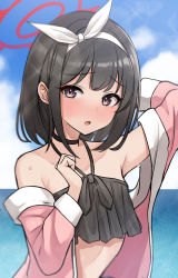 Rule 34 | 1girl, arm behind head, arm up, bikini, black bikini, black choker, black hair, blue archive, blue sky, blush, choker, cloud, cloudy sky, collarbone, commentary request, day, hairband, halo, highres, horizon, jacket, looking at viewer, mashiro (blue archive), mashiro (swimsuit) (blue archive), mitsumine raimu, nose blush, ocean, off shoulder, open clothes, open jacket, outdoors, parted lips, pink jacket, purple eyes, sky, solo, sweat, swimsuit, upper body, water, white hairband, winged halo