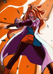Rule 34 | 1girl, absurdres, android 21, blue eyes, brown hair, checkered clothes, dragon ball, dragon ball fighterz, explosion, female focus, glasses, highres, lab coat, long hair, ph6xeivbgpimggg, skin tight, tagme