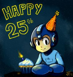 Rule 34 | 1boy, android, anniversary, arm cannon, birthday, candle, capcom, cupcake, food, happy birthday, hat, helmet, lydi-lydi (jes), male focus, mega man (series), mega man (character), mega man (classic), sky, smile, solo, star (sky), star (symbol), starry background, starry sky, weapon