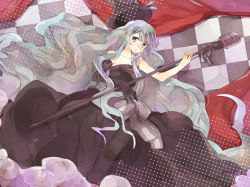 Rule 34 | 1girl, bare shoulders, checkered background, dress, elbow gloves, gloves, hat, hatsune miku, long hair, microphone, microphone stand, niwatoriko, single glove, solo, strapless, strapless dress, top hat, very long hair, vocaloid