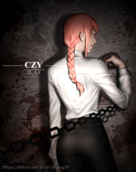 Rule 34 | 1girl, artist name, ass, back, black pants, blood, blood splatter, braid, braided ponytail, chain, chain, chainsaw man, chinese commentary, cowboy shot, czy (2894456992), dated, dress shirt, eyelashes, grin, highres, holding, holding chain, long hair, long sleeves, looking at viewer, looking back, makima (chainsaw man), orange eyes, pants, red hair, shirt, shirt tucked in, smile, solo, watermark, web address, white shirt