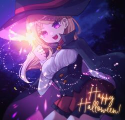 Rule 34 | 1girl, :d, akamatsu kaede, alternate costume, artist name, black cape, black hat, breasts, cape, cowboy shot, danganronpa (series), danganronpa v3: killing harmony, fang, hand up, happy halloween, hat, holding, large breasts, leaning forward, mikao (eanv5385), night, open mouth, outdoors, pink hat, smile, solo, star (symbol), teeth, tree, upper teeth only, witch hat