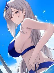 Rule 34 | 1girl, absurdres, blue sky, breasts, cloud, cloudy sky, day, dutch angle, from behind, grey eyes, grey hair, hair ornament, highres, hololive, hololive indonesia, large breasts, long hair, looking at viewer, looking back, outdoors, pavolia reine, si farid, sideboob, sky, solo, virtual youtuber