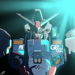 Rule 34 | anaheim electronics, commentary, english commentary, green eyes, gundam, gundam 0083, gundam gp-02 physalis, highres, light, looking at viewer, mecha, mobile suit, no humans, portrait, robot, science fiction, signature, solo, straight-on, v-fin, zjeorno