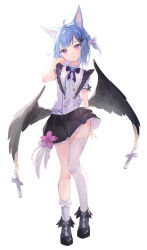 Rule 34 | 1girl, ahoge, animal ear fluff, animal ears, arm behind back, black bow, black footwear, black skirt, black wings, blue hair, bow, braid, buttons, closed mouth, commentary, cross, detached collar, double-breasted, feathered wings, flower, full body, hair bow, hair ornament, hand up, head tilt, highres, looking at viewer, low wings, medium hair, miniskirt, mishuo (misuo69421), one side up, original, pink flower, purple eyes, shirt, shoes, short sleeves, simple background, single braid, single sock, single thighhigh, skirt, smile, socks, solo, standing, symbol-only commentary, thighhighs, white background, white bow, white shirt, white socks, wings