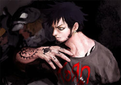 Rule 34 | 3boys, arm tattoo, black hair, black shirt, brown hair, chest tattoo, chief (chiefvinsmoke), closed mouth, commentary request, earrings, facial hair, finger tattoo, fingernails, goatee, hand tattoo, hat, jewelry, korn (band), male focus, multiple boys, one piece, penguin (one piece), shachi (one piece), shirt, short hair, tattoo, trafalgar law, v-shaped eyebrows