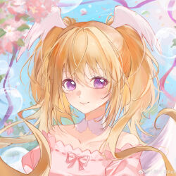 Rule 34 | 1girl, absurdres, bare shoulders, blonde hair, blue background, blush, bubble, closed mouth, collarbone, detached collar, flower, head wings, highres, hoshina utau, long hair, looking at viewer, off-shoulder shirt, off shoulder, pink flower, pink ribbon, pink shirt, portrait, purple eyes, ribbon, shirt, shugo chara!, smile, solo, twintails, very long hair, weibo logo, weibo watermark, wings, xiao xiong keke aoi