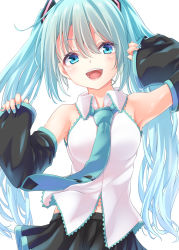 Rule 34 | 1girl, :d, aqua eyes, aqua hair, aqua necktie, bare shoulders, black skirt, blush, commentary request, detached sleeves, hatsune miku, hisae (hisae collect), long hair, long sleeves, looking at viewer, necktie, open mouth, shirt, simple background, skirt, smile, solo, twintails, upper body, very long hair, vocaloid, white background, white shirt, wide sleeves